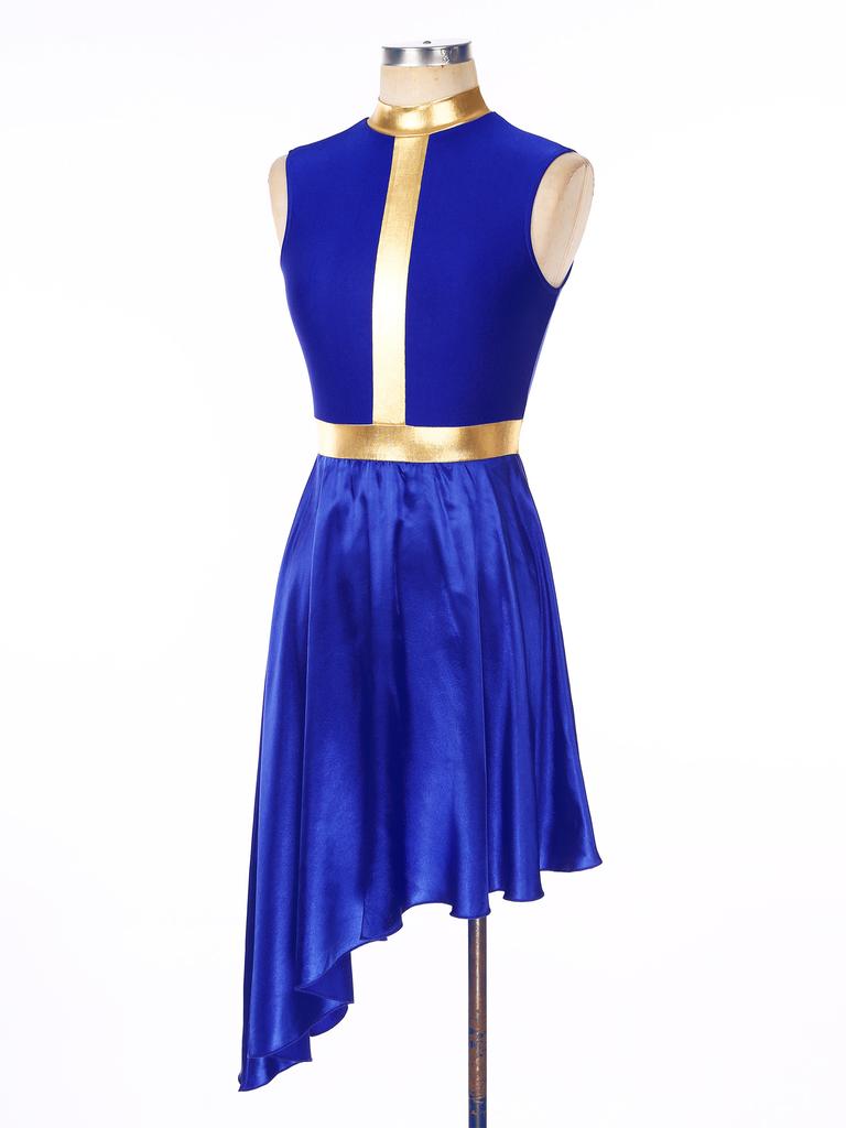 Damska sukienka do tańca lirycznego w bloki kolorów Niewidoczny zamek błyskawiczny z tyłu Zwiewny asymetryczny dół Bezrękawnik