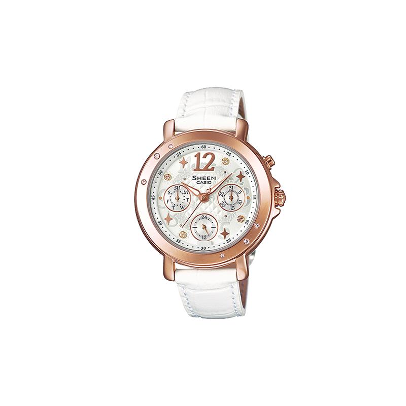 

Casio SHEEN 50 meters waterproof quartz movement leather strap Japanese and Korean watch women s watch white dial SHE-3033GL-7A белый