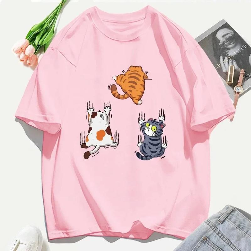 Women T Shirts Casual Woman Clothes Crewneck Tee Tops Three Cats Climbing Upwards and Escaping Print T-Shirt