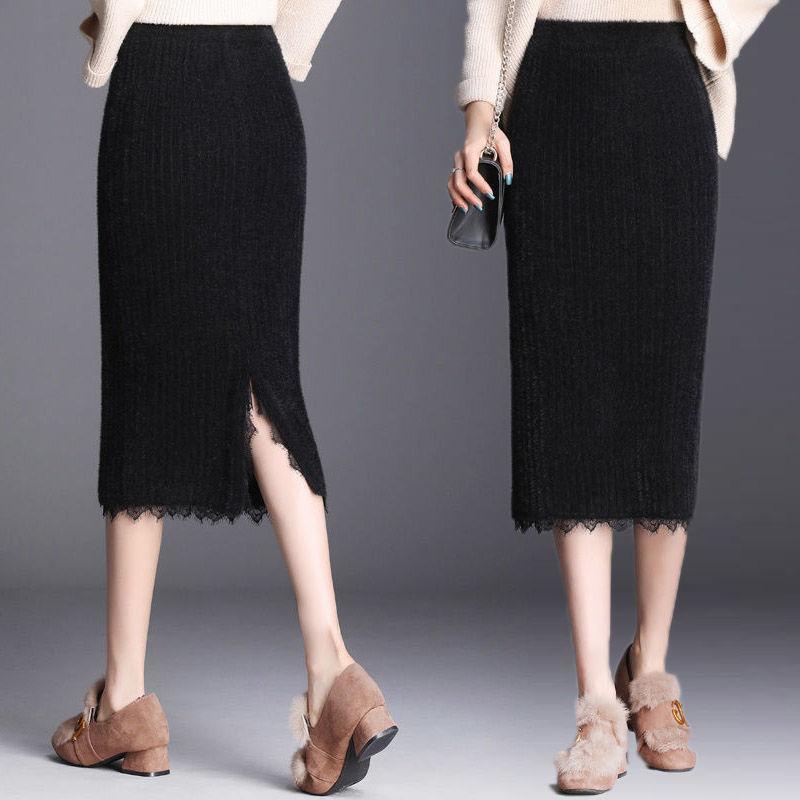 Toamnă iarnă Fusta tricotată Midi pentru femei Fusta pentru femeie cu talie înaltă îngroșă Imitație de nurcă din catifea din dantelă Fusta subțire într-un pas