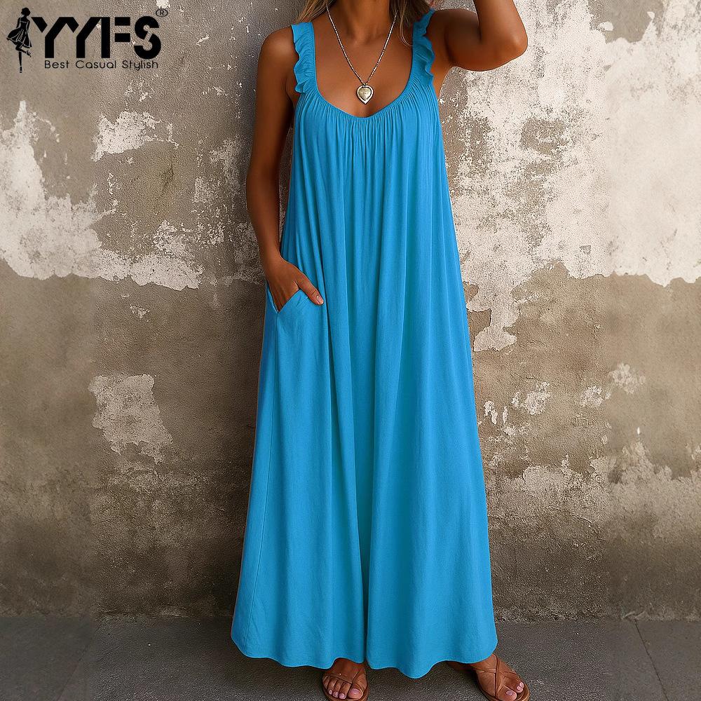 YYFS Women's Fashion Summer Spring Solid Color Print Sleeveless V-Neck Loose Waistlinet Casual Dresses