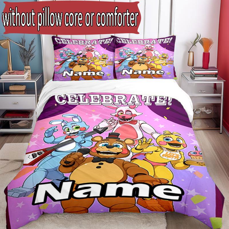 3pcs Duvet Cover Set (1*Duvet Cover + 2*Pillowcase, Without Core), Custom Name Five Nights At Freddy's Pattern Bedding Set, Home Bedroom Decor Gift