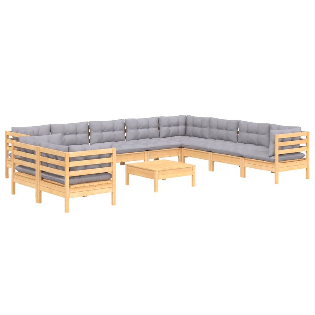 11 Piece Garden Lounge Set with Grey Cushions Solid Pine Wood