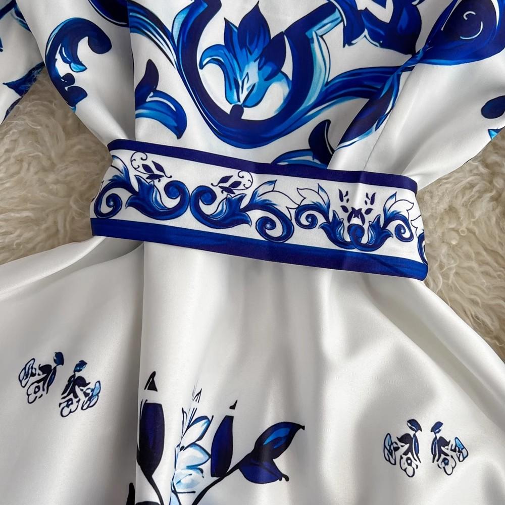 Autumn Holiday Red Blue And White Porcelain Maxi Dress Women Long Sleeve Single Breasted Lace Up Belt Flower Print Robe