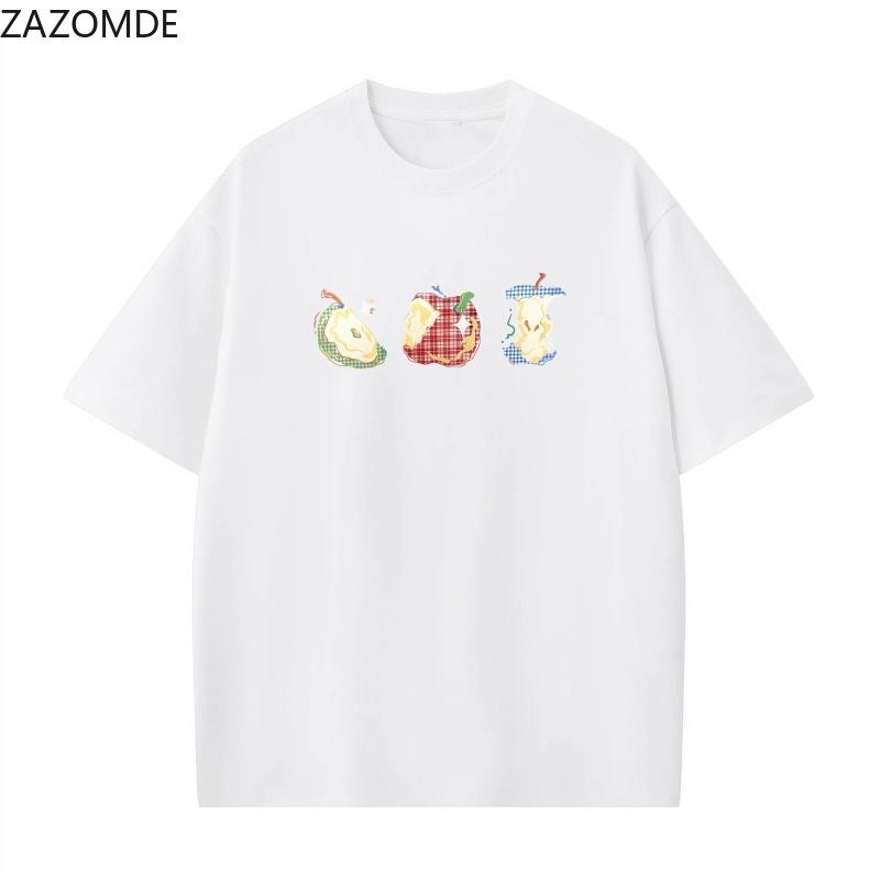 ZAZOMDE Minimal Cartoon Fruit Graphic Tshirt Plaid Bitten Apple Print O Neck Short Sleeve Oversized Loose Unisex Summer Tees