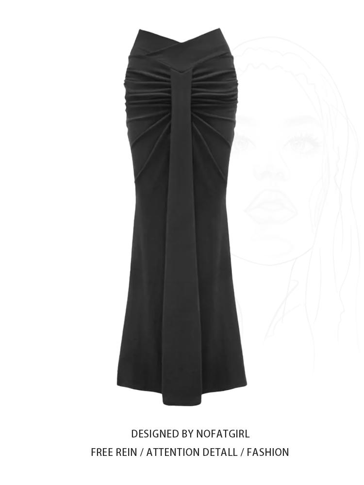 

Plus Size Chubby Girl Fancy Ruched Fishtail Skirt Women s Fall and Winter Tight Waist Slim Looking Silm High Waist Long Skirt M