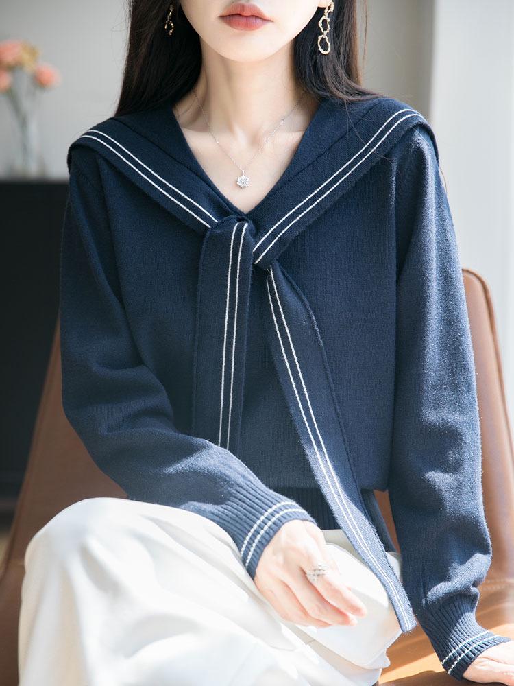 Navy Collar Knit College Style Women's Pullover Sweater - Autumn Winter, Long Sleeve, Loose Fit, Versatile.