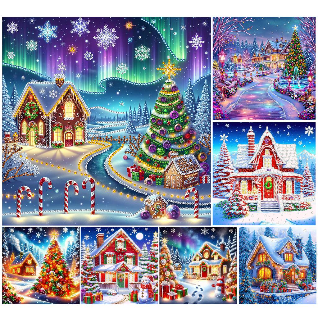 Christmas House Diamond Dots Gem Art for Home Office Wall Decor Special Shape Partial Drill Dimond Art Paintings 11.81x11.81in
