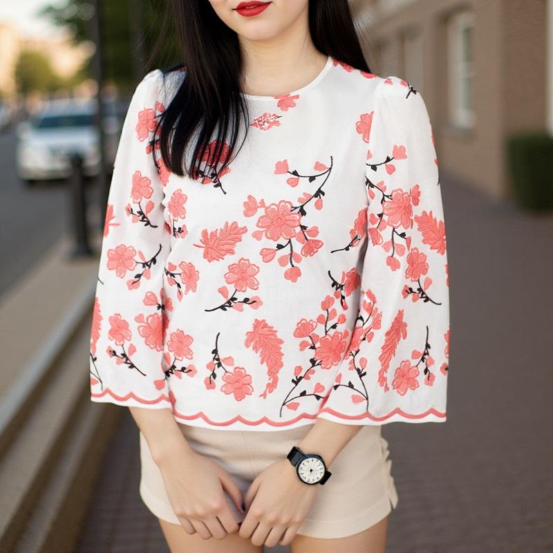 

ZANZEA Жіночі елегантні поясні блузки з круглим вирізом і рукавом 3/4 з квітковим принтом 5XL червоний