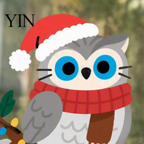 Festive Home Beautification Supplies Cute Christmas Owl Window Sticker, Snowy Branch Candy Glass Decal, Waterproof Self Adhesive Seasonal Wall