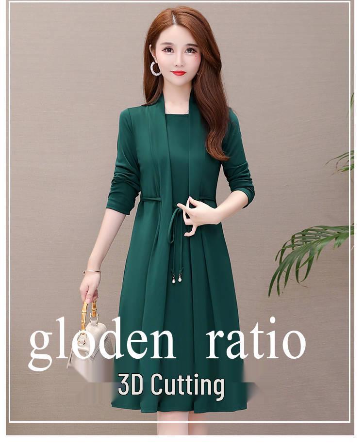Spring & Autumn Long-Sleeve Two-Piece Dress for Middle-Aged Women - Slim Fit, Medium Length