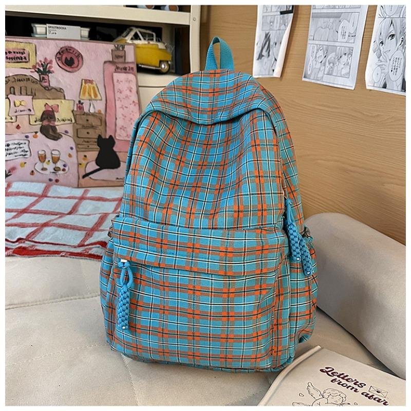 Simple Plaid Nylon Backpack Retro Large Capacity Casual Backpack with Multiple Pockets Suitable for Daily and Student Use
