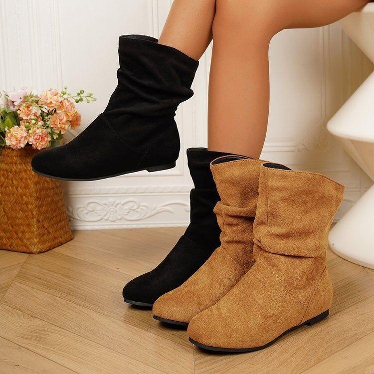 Pleated Pile Boots Winter New Suede Large Size Round Head Retro Medium Boots