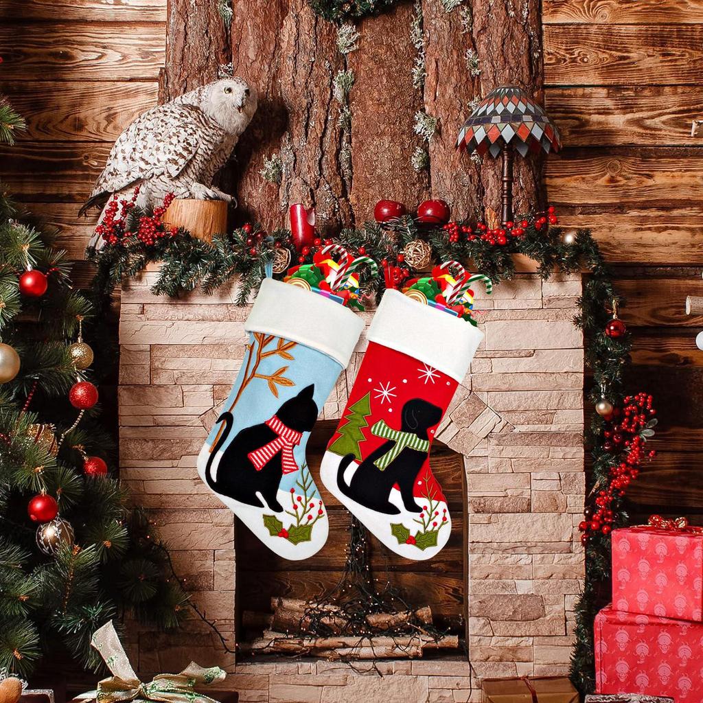 Christmas 2025 Cartoon Cat & Dog Embroidered Stockings Gift Bags
