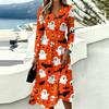 Women's Halloween Print V-Neck Long Sleeve Casual Dress with Pockets