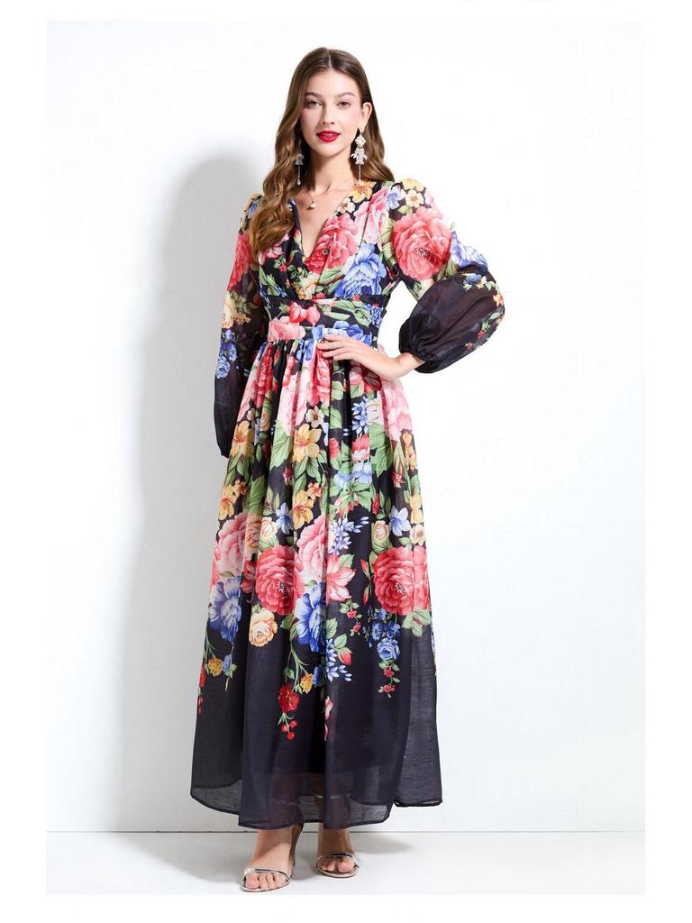 2025 Spring/Summer Floral V-Neck Lantern Sleeve Dress with Ruched Waist & Ruffle Hem