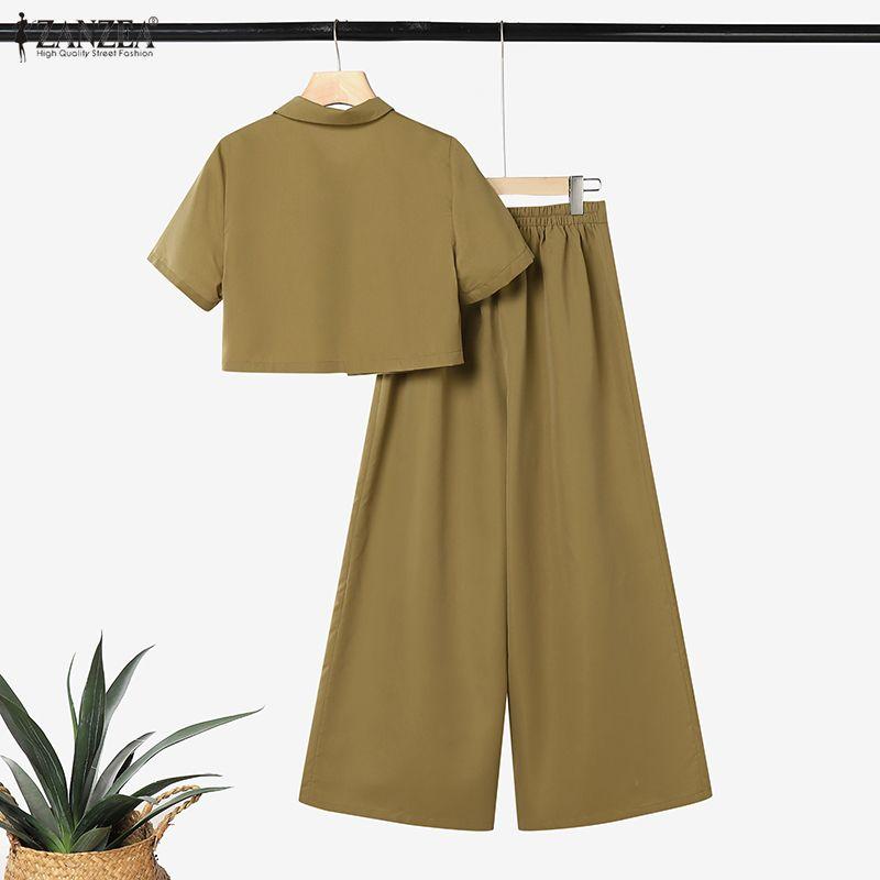 ZANZEA Women Short Sleeve Cropped Blouse and Long Pants Casual Two Piece Suit Sets
