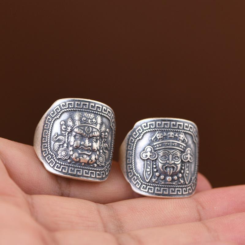 Retro Thai Silver Wide Band Wealth God Open Ring for Men and Women