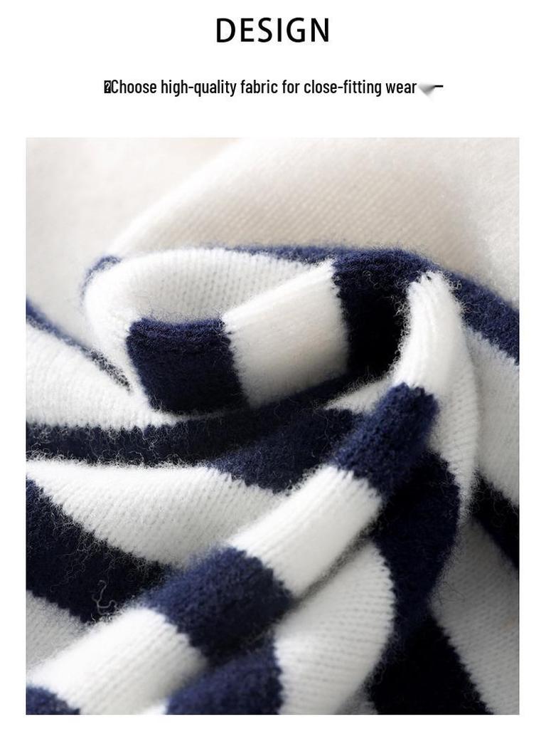 Men's Striped Pure Wool Round Neck Casual Thick Knit Sweater for Autumn & Winter