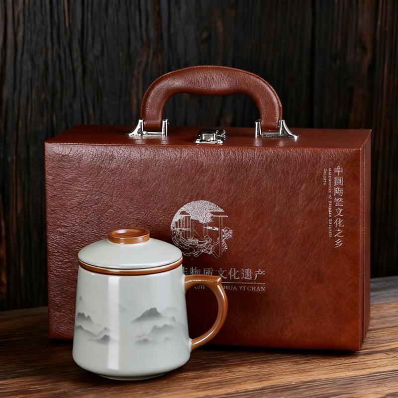 Chinese Ru Kiln Teacup Blue And White Ceramic With Lid Tea Separation Water Cup Household Special Tea Cup Office Mug