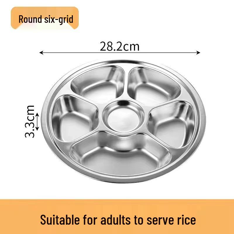 304 Stainless Steel Three-Compartment Lunch Tray for Kids - Round Meal Plate for Kindergarten, Students, and Babies