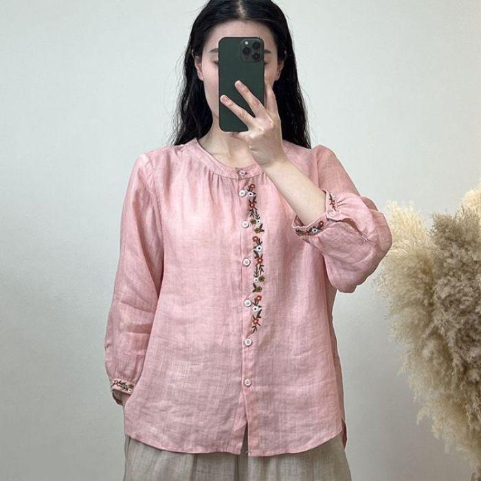 Top Ricamato da Donna in Cotone e Lino Estivo - Stile Nazionale Retrò, Leggero e Versatile
