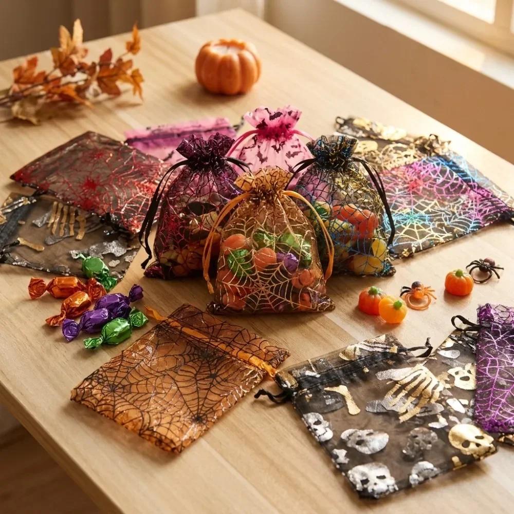Halloween Printed Mesh Drawstring Bag Transparent Hard Gauze Candy Packaging Bag Jewelry Storage Bag Party Gift Bags