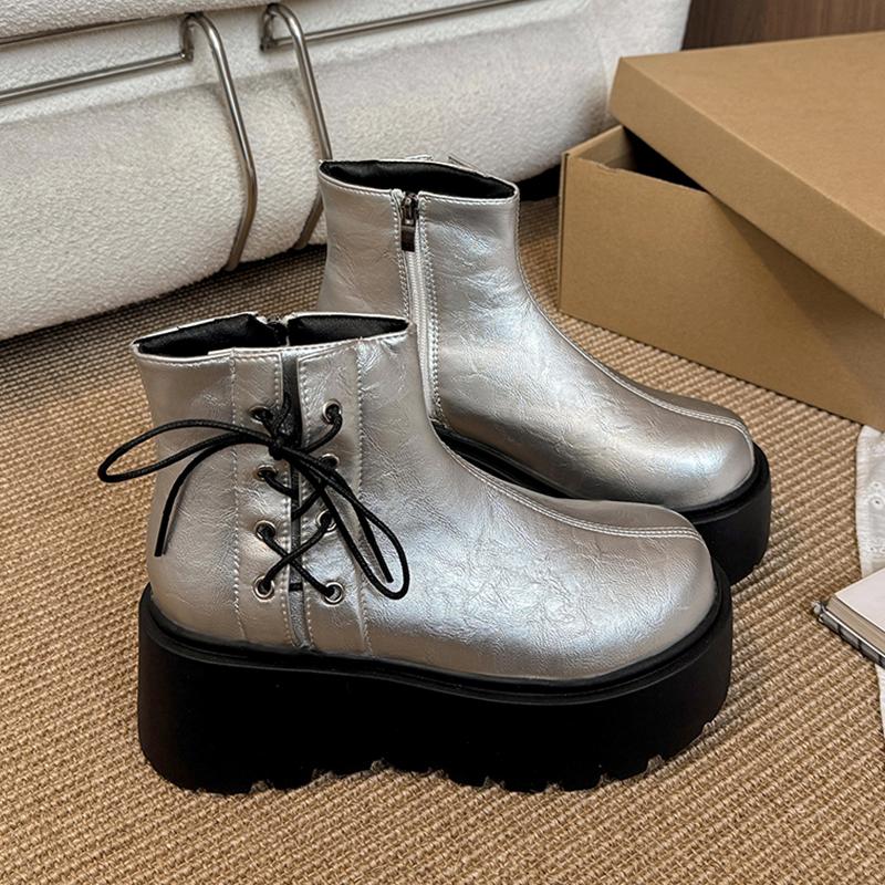 Fashion Women Flats Platform Ankle Boots Lace Up Casual Shoes Sport Sneaker 2025 Winter Chelsea Short Boots Leather Shoes Mujer Botas