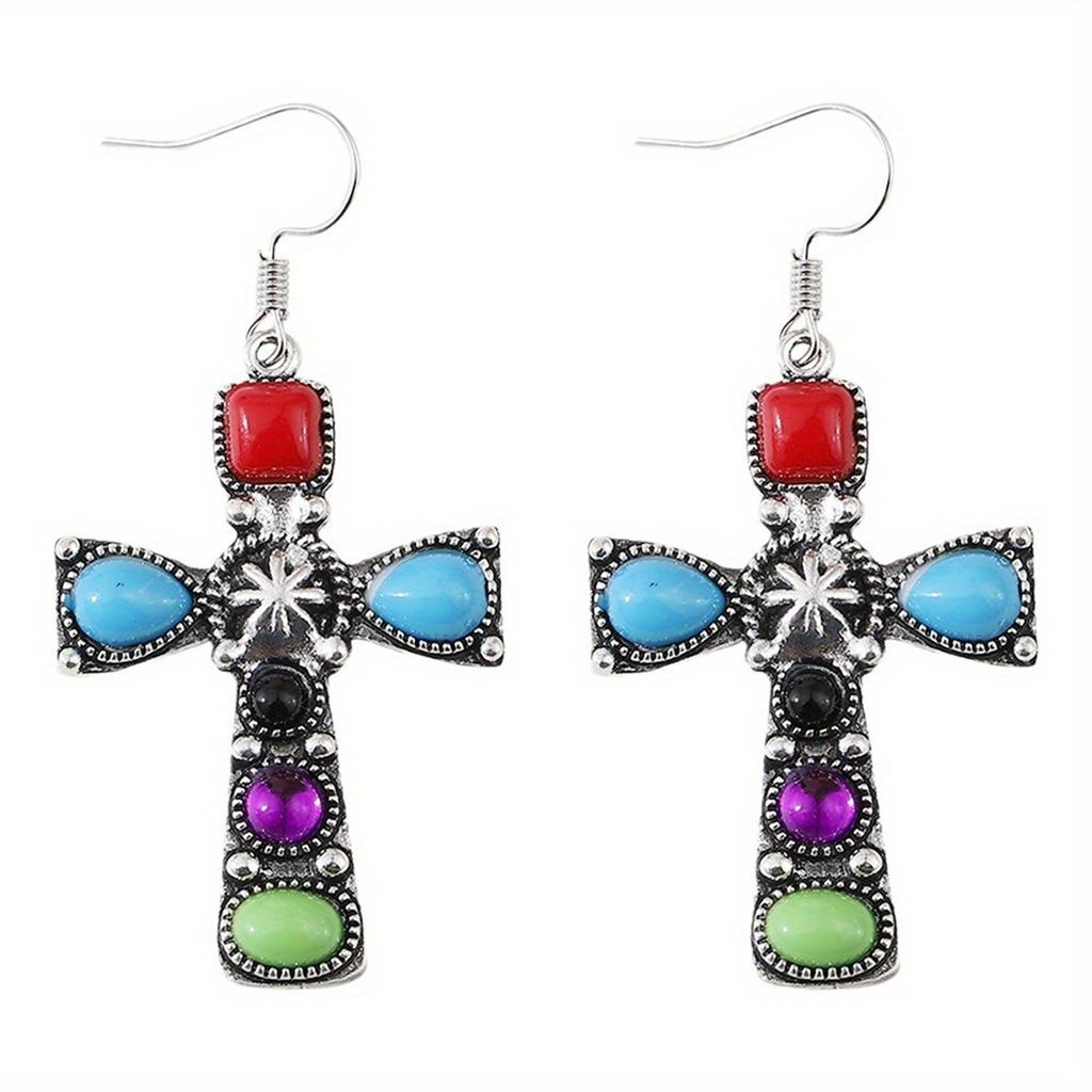 1 Pair of Vintage Cross Colored Natural Stone Earrings, Set with Gemstone Cross Earrings, Suitable for Daily Wear