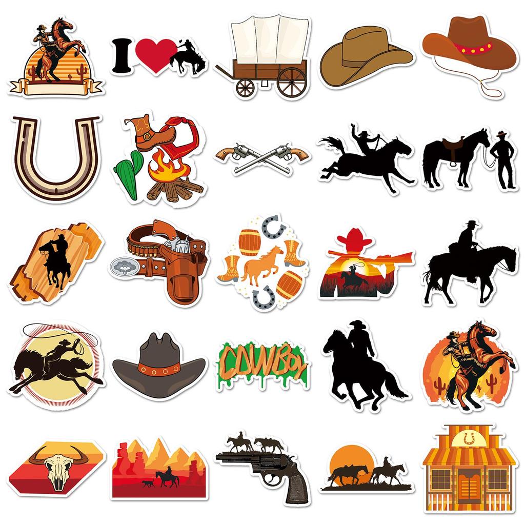 50 Western Cowboy Retro Cartoon Stickers - Waterproof, Removable, Ideal for Suitcases, Notebooks, Journals