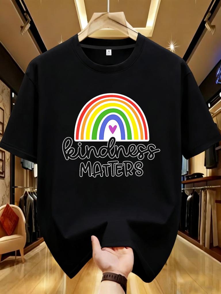 Wds01313rainbow And Letter Print Plus Size Unisexs Round Neck Tshirt Summer Casual Short Sleeved Top Street Fashion Versatile