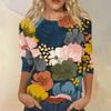 Women's Fashion Casual Round Neck Three-quarter Sleeve Retro Floral Print T-shirt Top