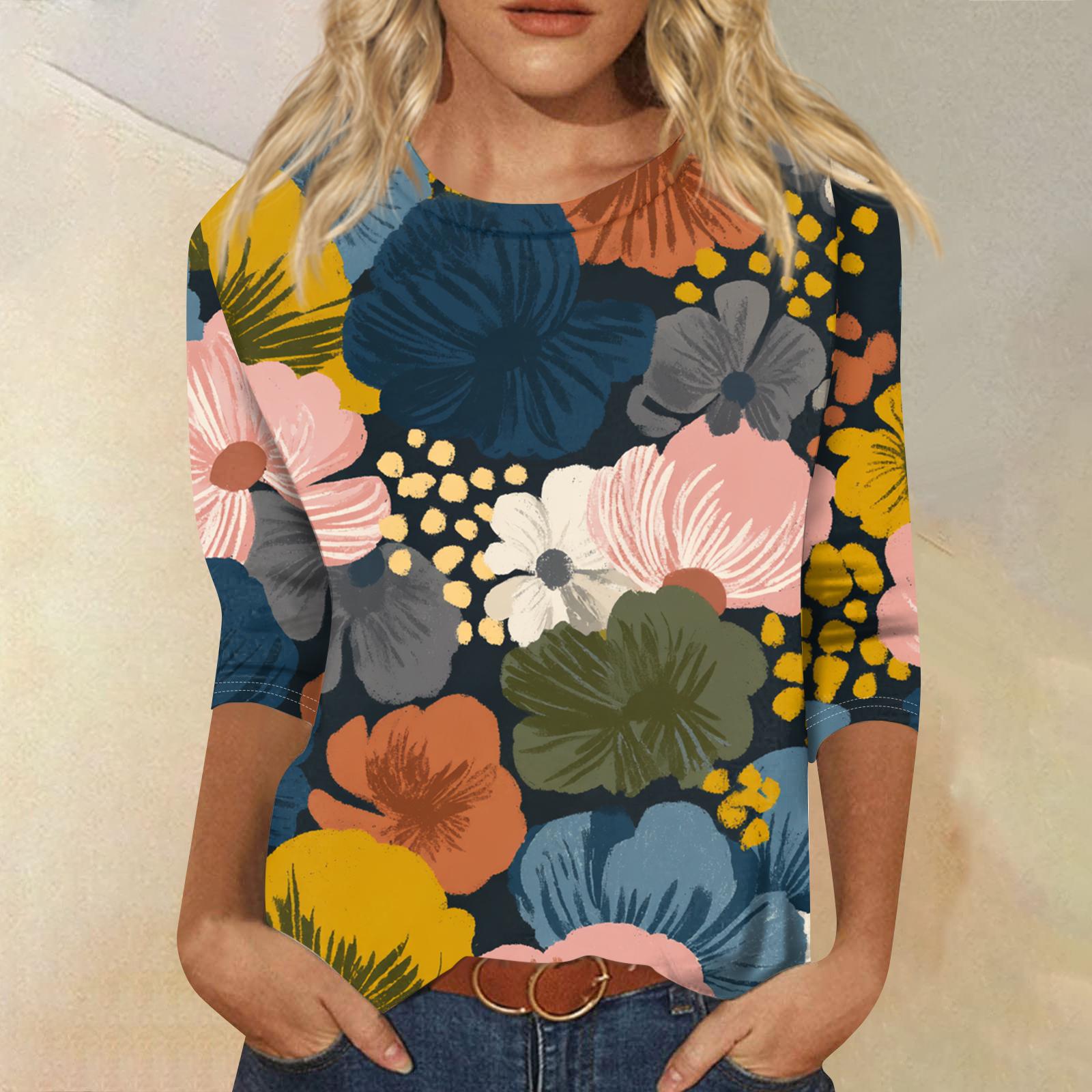 

Женская модная повседневная футболка с круглым вырезом и рукавом три четверти, в стиле ретро, с цветочным принтом XXXXL