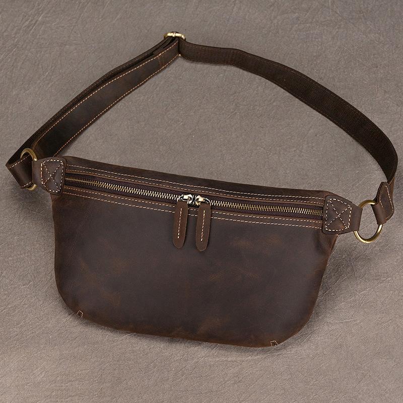 Men'S Genuine Leather Large-Capacity Fanny Pack, Retro Cowhide Breast Bag, First Layer Cowhide Crossbody Shoulder Bag, Oily Leather Casual Bag.