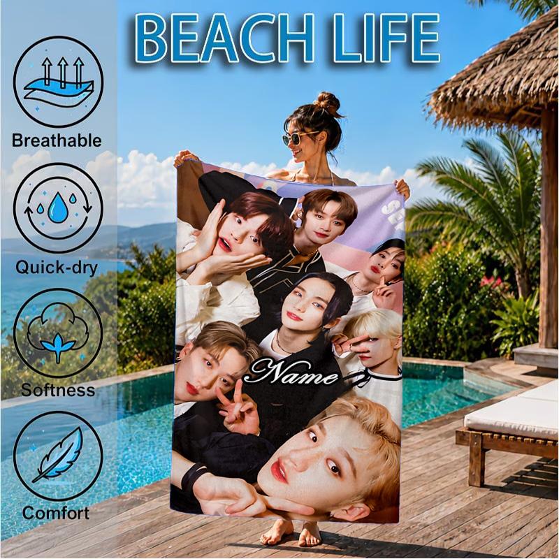 Custom Name K-pop stray Style Collective Beach Towel Microfiber Beach Towel, Lightweight and Quick-Dry, for Summer Travel, Swimming Pool Gift