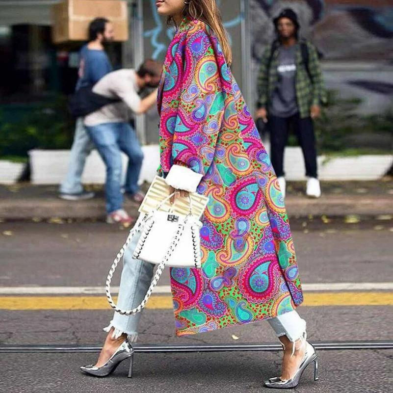 Autumn and Winter Extended Double-breasted Jacket Printed Loose Windbreaker Women