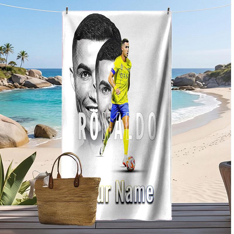 Asciugamano da Spiaggia Personalizzato Stampato Cristiano Ronaldo Logo Calcio Supporto Nome Personalizzato Testo Asciugamano Assorbente Per Sport Viaggio Regalo Speciale