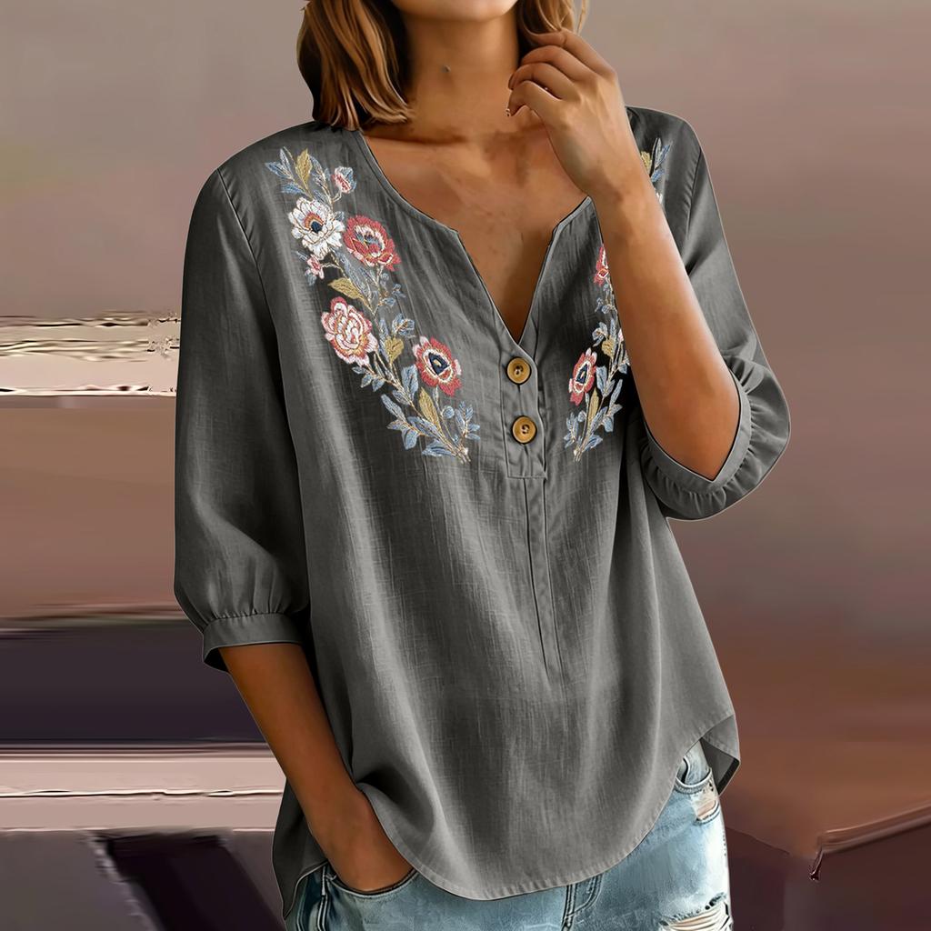 Damen Florale Stickerei Henley Knopfleiste Dreiviertelärmel Leinen Baumwolle Bluse Lässig Lockerer Schnitt Hemd