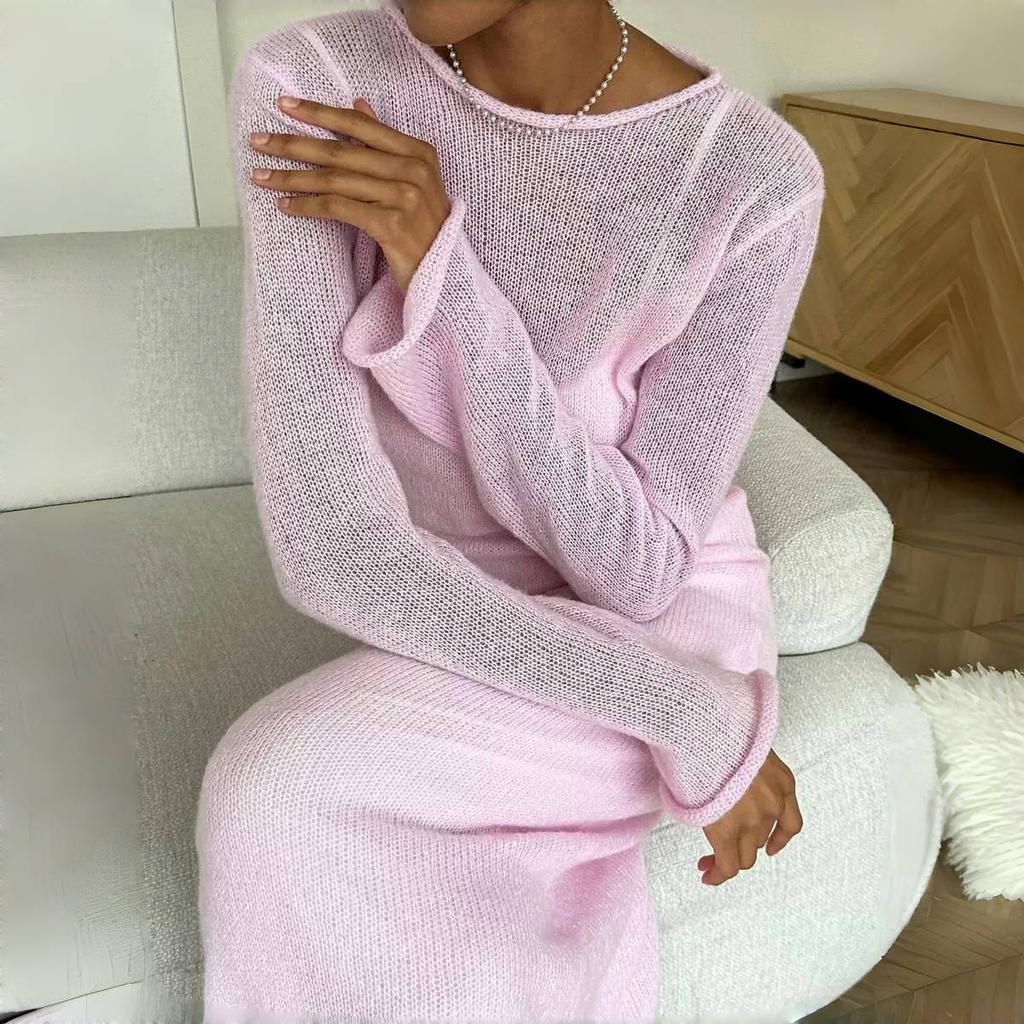 LYRIA Spring Autumn O-Neck Elastic Knit Long Dresses Women Elegant Chic Soft Lady Hollowing Sweater Dresses Femme New