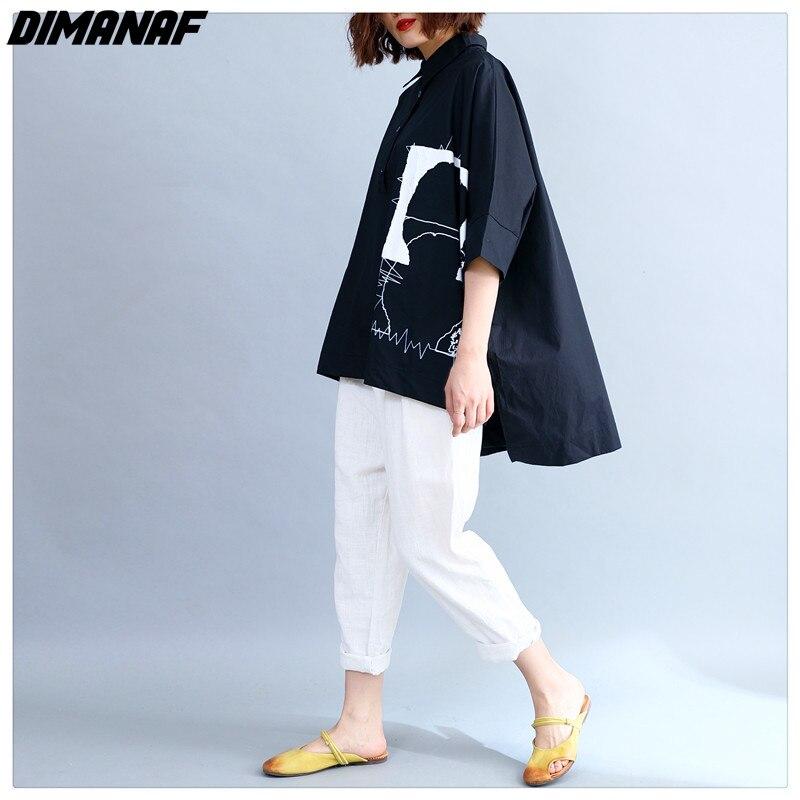 DIMANAF Dameskleding Casual Dames Shirts Blouse Zwart Oversize Print Tops Tuniek Katoenen Losse Knoop T-shirt 2024 Lente Zomer