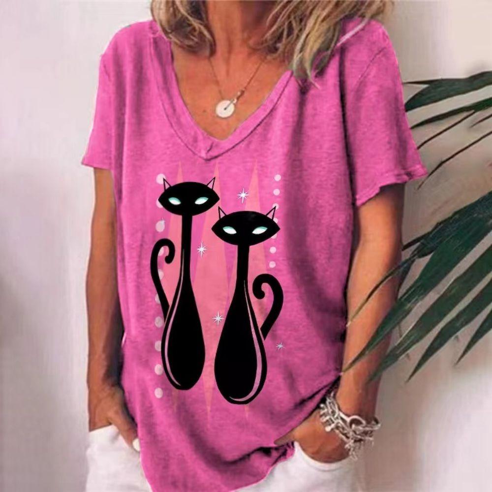 Women's T-shirt, painted cat print clothing, V-neck short sleeved super street headwear, daily casual basic top T-shirt