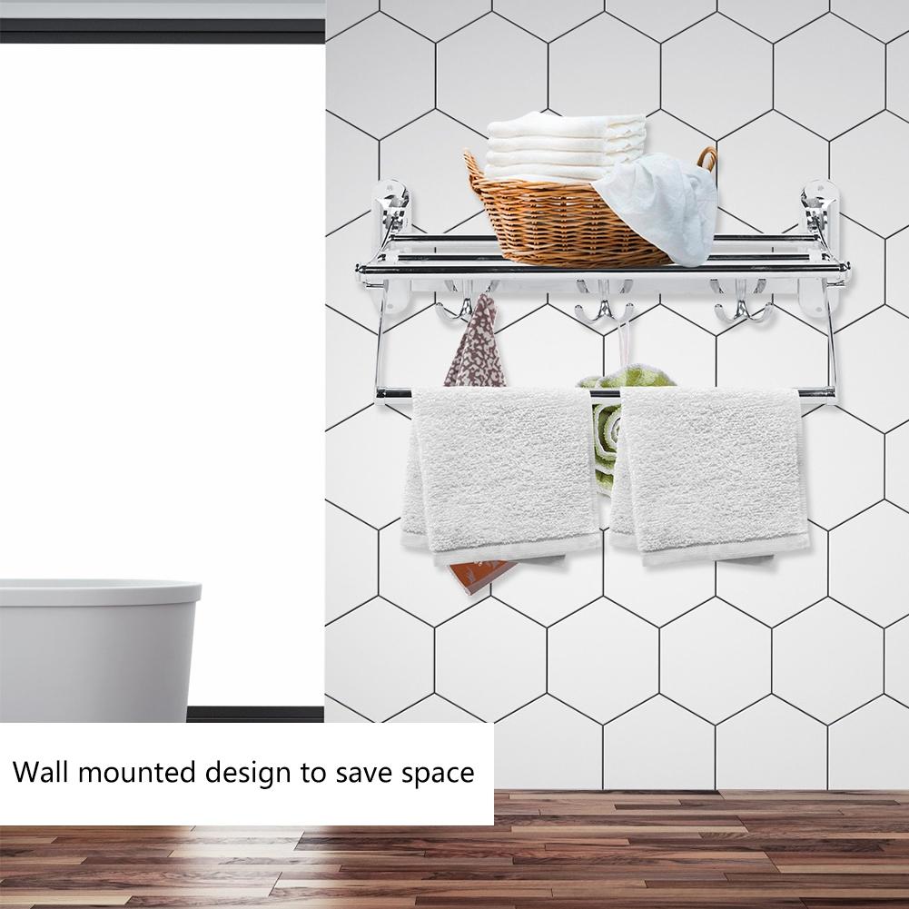 Bathroom Stainless Steel Wall Mounted Folding Towel Rack Storage Holder Shelf with 3 Hooks