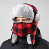 Warm Winter Beanie Hat With Face Mask Ear Protection Red Black Plaid Fleece Lined Unisex Ski Cap