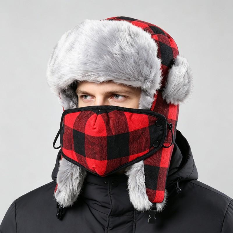 Warm Winter Beanie Hat With Face Mask Ear Protection Red Black Plaid Fleece Lined Unisex Ski Cap