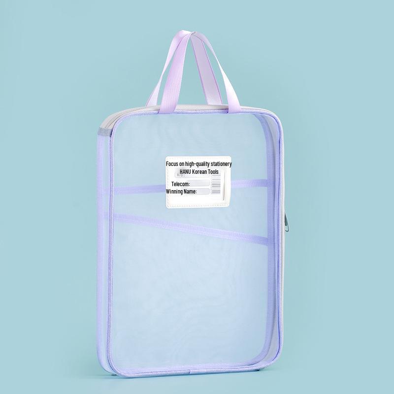 Korean Handheld L-Shaped Mesh Zipper File Bag - Large Opening for Student Book Carrying & Discipline Classification A4 (Thick Mesh with Frame) фиолетовый