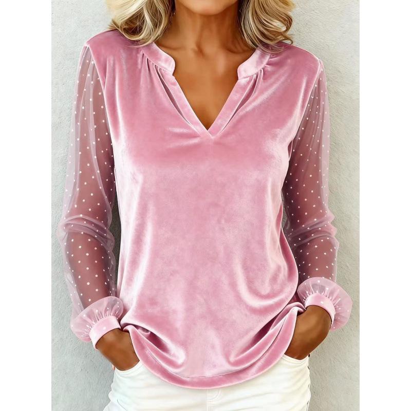 Elegant European & American V-Neck Lace Patchwork Velvet Long Sleeve Women's T-Shirt