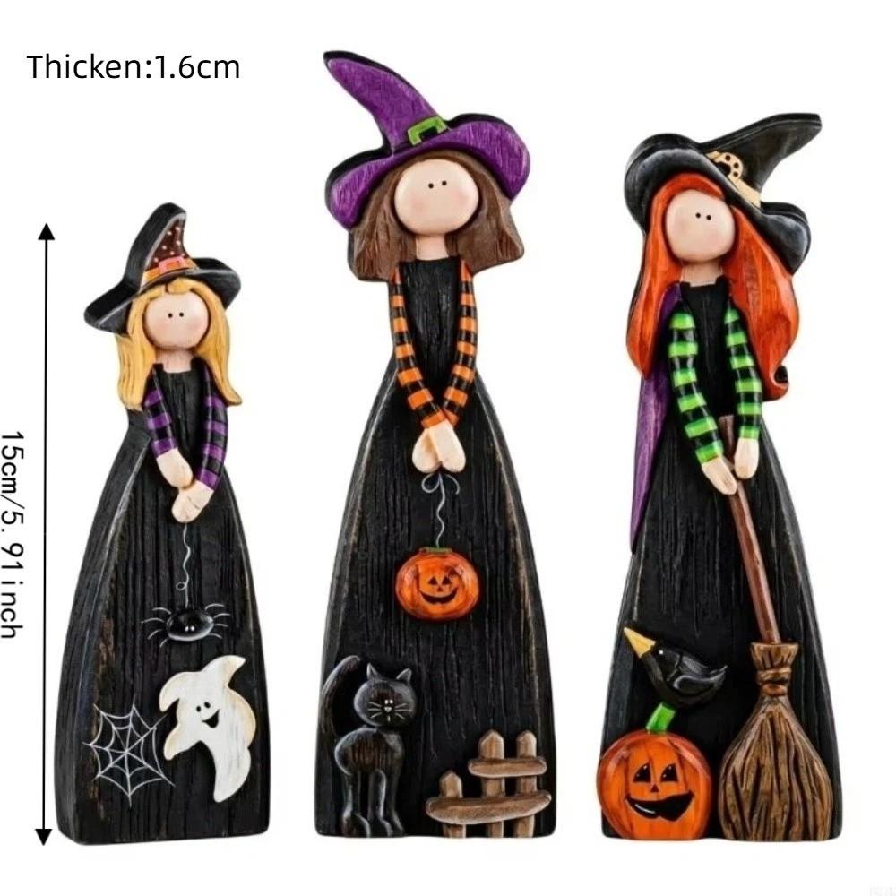 Pumpkin Accent Halloween Witch Figurine Wooden Material Halloween Witch Ornament Tabletop Use