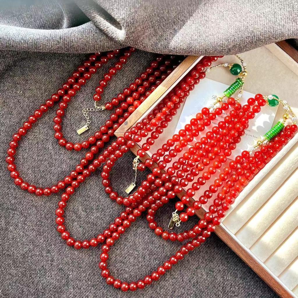 High Quality Pigeon Blood Red New Year'S Red Natural Chalcedony Agate Design Sweater Chain Necklace Collarbone Chain