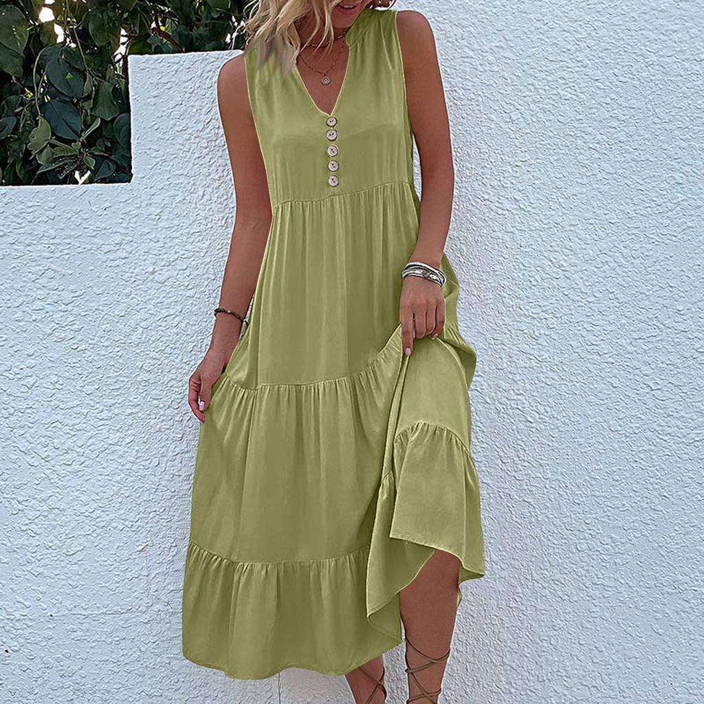 Sleeveless Women's Dress Casual Flowy A-Line Midi Tshirt Dresses With Pockets Crewneck Vocation Boho Beach Sundress