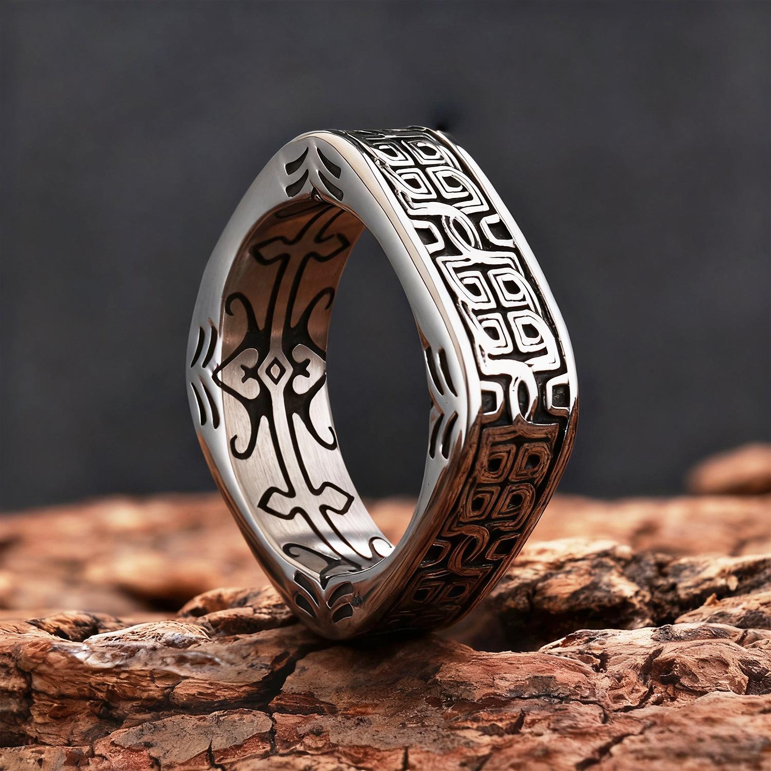 

Mens Wide Square Ring Ancient Mythical Beast Pattern Cloud Motif Chinese Unique Design No. 7